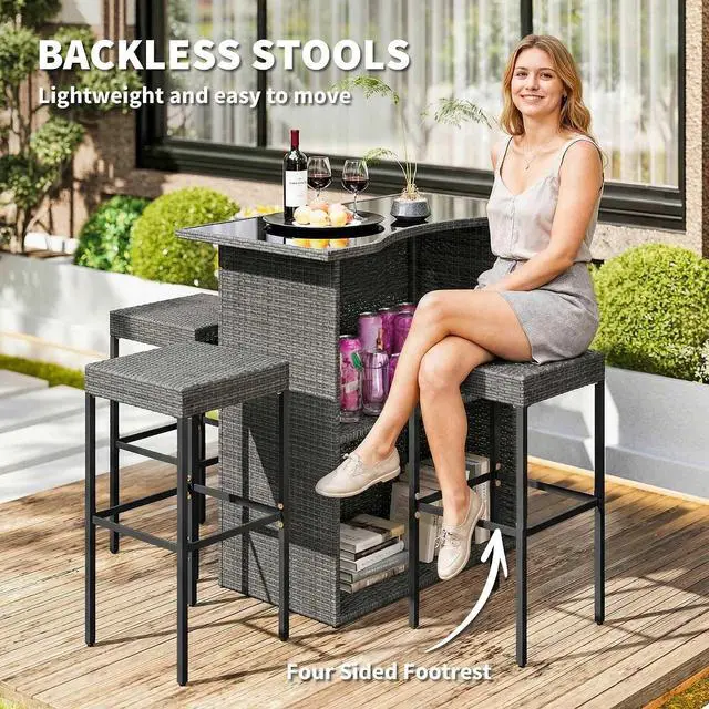 Alt view image 6 of 7 - 5 Piece Wicker Outdoor Bar Set with Glass Table Top Dark Gray | High Top Outdoor Table and Chairs, Height Patio Set, 2 Tier Storage Shelf, 4 Bar Stools, for Garden, Poolside