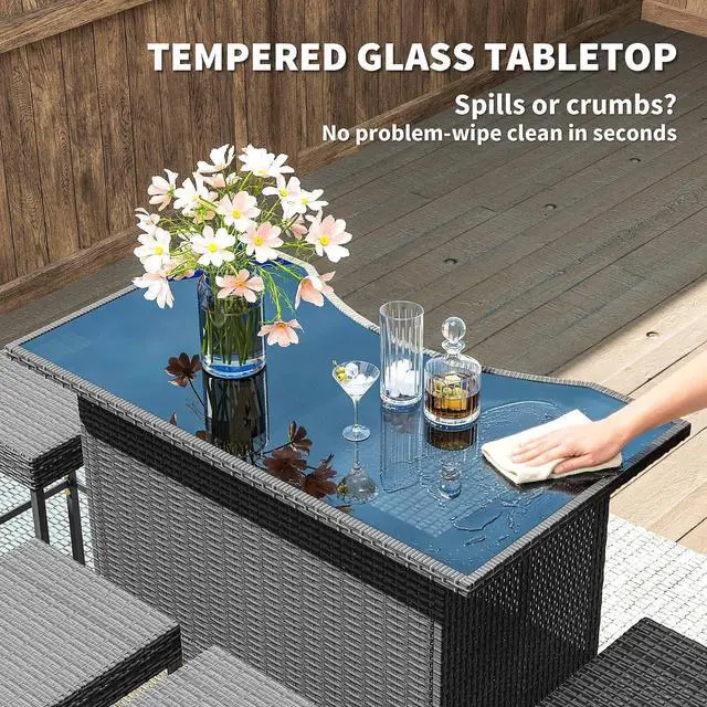 Alt view image 5 of 7 - 5 Piece Wicker Outdoor Bar Set with Glass Table Top Dark Gray | High Top Outdoor Table and Chairs, Height Patio Set, 2 Tier Storage Shelf, 4 Bar Stools, for Garden, Poolside