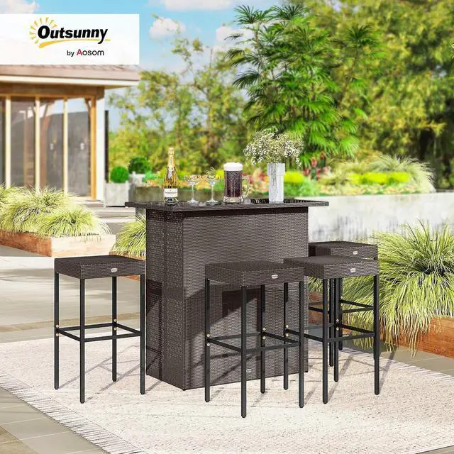 Alt view image 2 of 7 - 5 Pcs Rattan Wicker Bar Set, High Top Outdoor Table and Chairs, Bar Height Patio Set with Glass Table Top 2 Tier Storage Shelf, and 4 Bar Stools for Garden, Poolside, Dark Brown