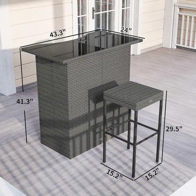 Alt view image 7 of 7 - 5 Piece Wicker Outdoor Bar Set with Glass Table Top Dark Gray | High Top Outdoor Table and Chairs, Height Patio Set, 2 Tier Storage Shelf, 4 Bar Stools, for Garden, Poolside