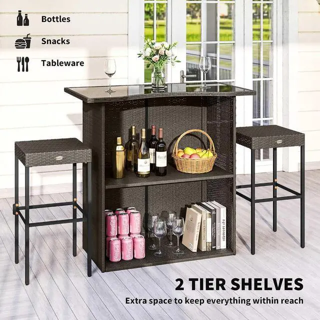 Alt view image 3 of 7 - 5 Pcs Rattan Wicker Bar Set, High Top Outdoor Table and Chairs, Bar Height Patio Set with Glass Table Top 2 Tier Storage Shelf, and 4 Bar Stools for Garden, Poolside, Dark Brown