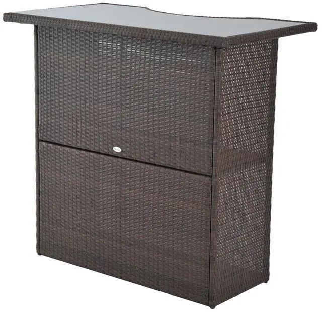 Alt view image 4 of 7 - 5 Pcs Rattan Wicker Bar Set, High Top Outdoor Table and Chairs, Bar Height Patio Set with Glass Table Top 2 Tier Storage Shelf, and 4 Bar Stools for Garden, Poolside, Dark Brown