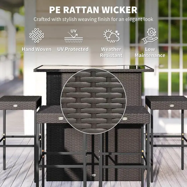 Alt view image 5 of 7 - 5 Pcs Rattan Wicker Bar Set, High Top Outdoor Table and Chairs, Bar Height Patio Set with Glass Table Top 2 Tier Storage Shelf, and 4 Bar Stools for Garden, Poolside, Dark Brown