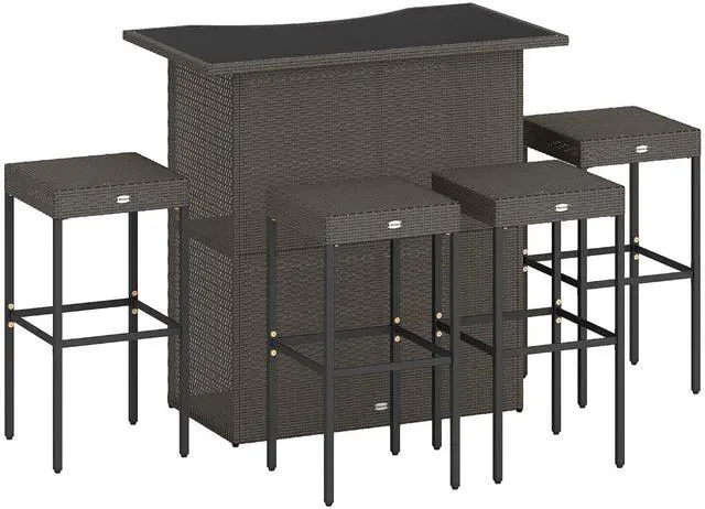 Main image of 5 Pcs Rattan Wicker Bar Set, High Top Outdoor Table and Chairs, Bar Height Patio Set with Glass Table Top 2 Tier Storage Shelf, and 4 Bar Stools for Garden, Poolside, Dark Brown