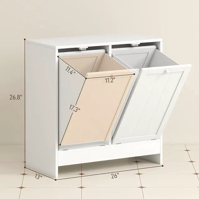 Alt view image 2 of 7 - kleankin Double Tilt Out Laundry Hamper Cabinet with Storage 2 Doors White | 19 Gallon Hidden Trash Can Cabinet, for Bathroom, Kitchen