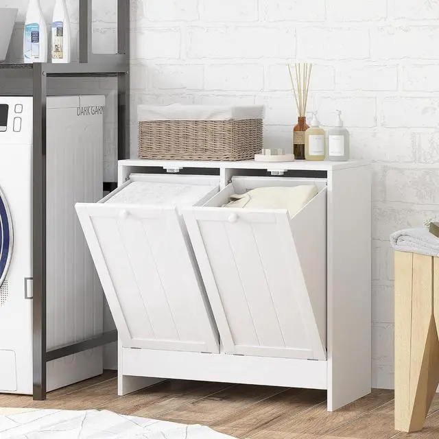 Main image of kleankin Double Tilt Out Laundry Hamper Cabinet with Storage 2 Doors White | 19 Gallon Hidden Trash Can Cabinet, for Bathroom, Kitchen