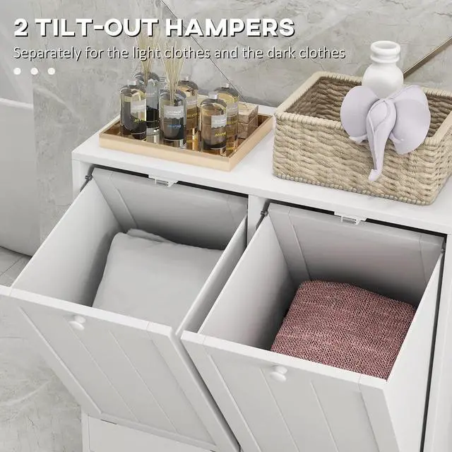 Alt view image 4 of 7 - kleankin Double Tilt Out Laundry Hamper Cabinet with Storage 2 Doors White | 19 Gallon Hidden Trash Can Cabinet, for Bathroom, Kitchen