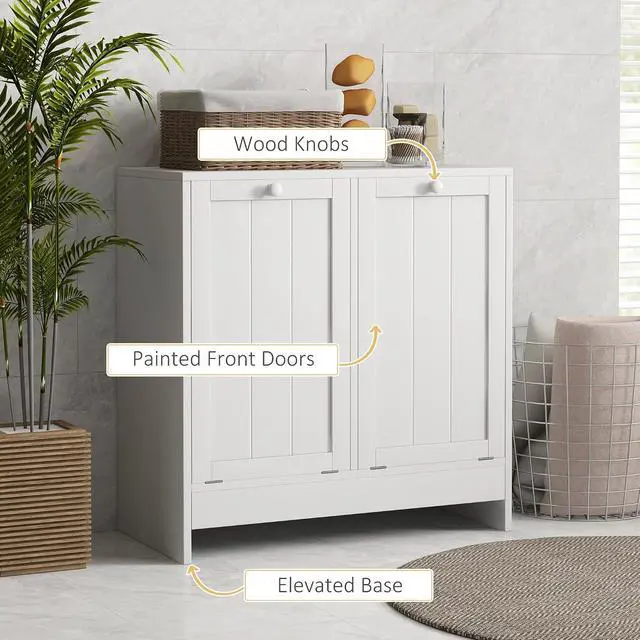 Alt view image 5 of 7 - kleankin Double Tilt Out Laundry Hamper Cabinet with Storage 2 Doors White | 19 Gallon Hidden Trash Can Cabinet, for Bathroom, Kitchen