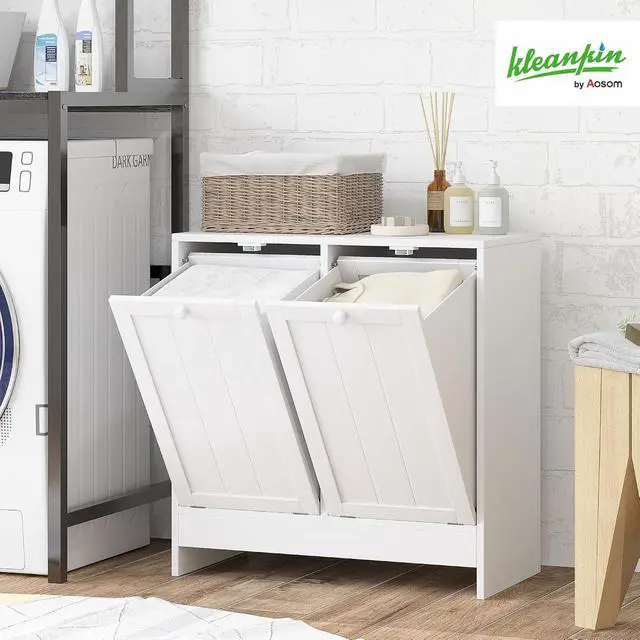 Alt view image 3 of 7 - kleankin Double Tilt Out Laundry Hamper Cabinet with Storage 2 Doors White | 19 Gallon Hidden Trash Can Cabinet, for Bathroom, Kitchen