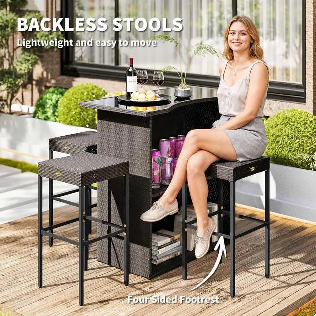 Alt view image 7 of 7 - 5 Pcs Rattan Wicker Bar Set, High Top Outdoor Table and Chairs, Bar Height Patio Set with Glass Table Top 2 Tier Storage Shelf, and 4 Bar Stools for Garden, Poolside, Dark Brown