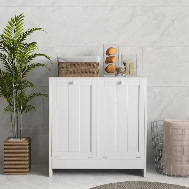 Alt view image 7 of 7 - kleankin Double Tilt Out Laundry Hamper Cabinet with Storage 2 Doors White | 19 Gallon Hidden Trash Can Cabinet, for Bathroom, Kitchen