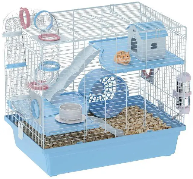 Main image of PawHut Hamster Cage 3-Tier for Dwarf Hamster with Exercise Wheel Blue | Gerbil Cage, Food Bowl, Water Bottle, House, Tunnels, Ramps, Small Animal Habitat