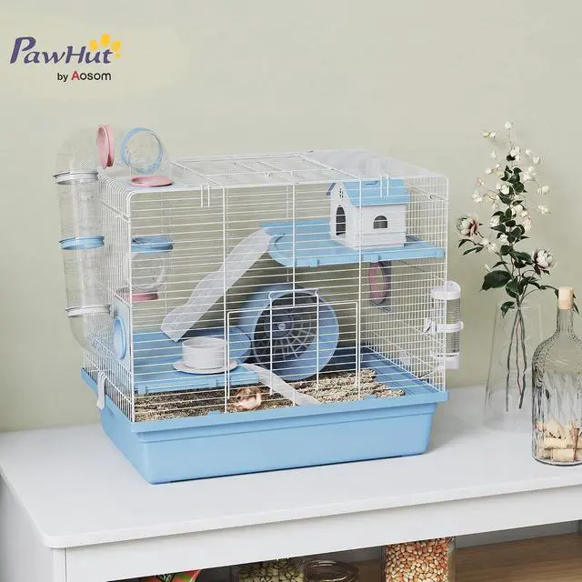 Alt view image 2 of 7 - PawHut Hamster Cage 3-Tier for Dwarf Hamster with Exercise Wheel Blue | Gerbil Cage, Food Bowl, Water Bottle, House, Tunnels, Ramps, Small Animal Habitat