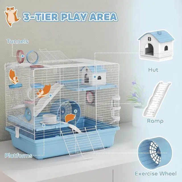 Alt view image 3 of 7 - PawHut Hamster Cage 3-Tier for Dwarf Hamster with Exercise Wheel Blue | Gerbil Cage, Food Bowl, Water Bottle, House, Tunnels, Ramps, Small Animal Habitat