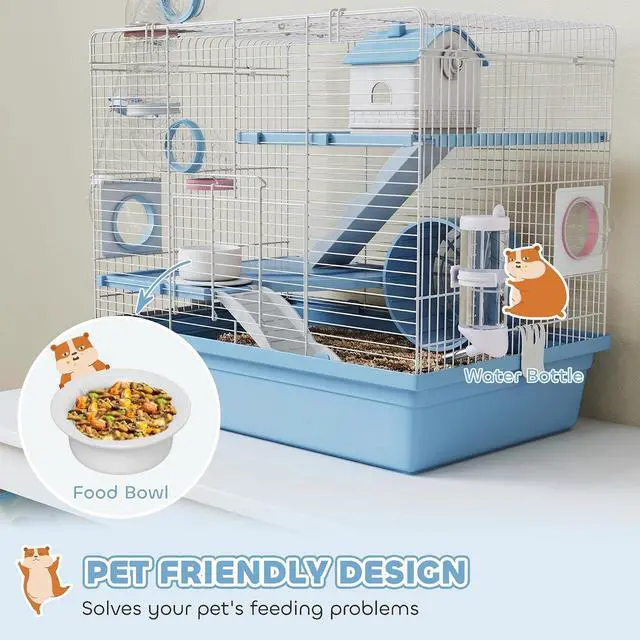 Alt view image 4 of 7 - PawHut Hamster Cage 3-Tier for Dwarf Hamster with Exercise Wheel Blue | Gerbil Cage, Food Bowl, Water Bottle, House, Tunnels, Ramps, Small Animal Habitat