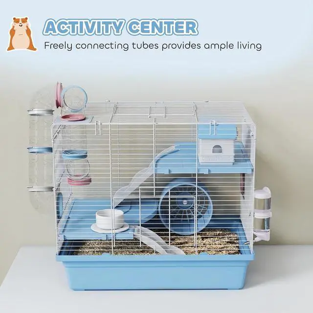 Alt view image 5 of 7 - PawHut Hamster Cage 3-Tier for Dwarf Hamster with Exercise Wheel Blue | Gerbil Cage, Food Bowl, Water Bottle, House, Tunnels, Ramps, Small Animal Habitat