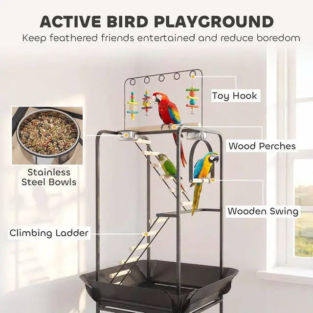 Alt view image 3 of 7 - PawHut 64" H Rolling Bird Stand Parrot Playstand with Seed Guard & Wheels | Steel Bird Playground Gym, Ladders, Swing, Toy Hook & Bowls, Large Parrot Perch for Cockatiels, Conures, Parakeets