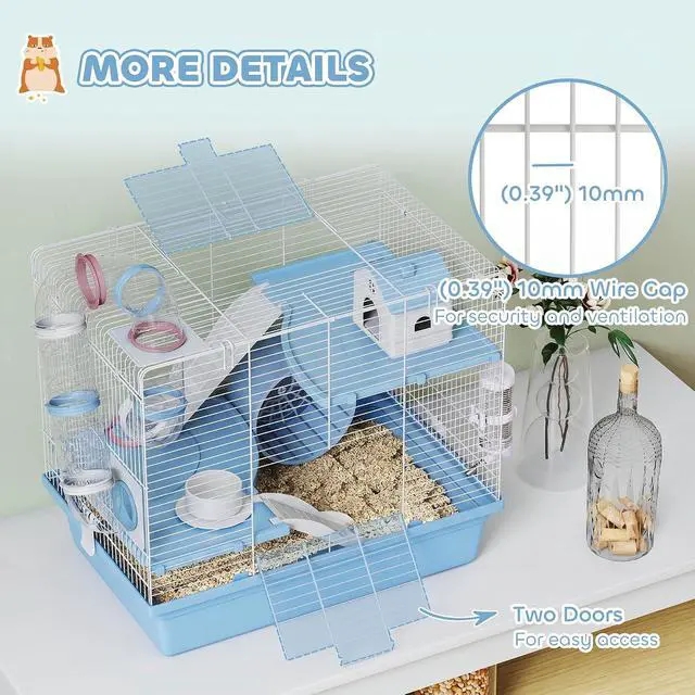 Alt view image 6 of 7 - PawHut Hamster Cage 3-Tier for Dwarf Hamster with Exercise Wheel Blue | Gerbil Cage, Food Bowl, Water Bottle, House, Tunnels, Ramps, Small Animal Habitat