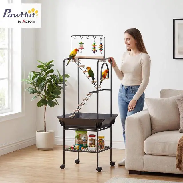 Alt view image 2 of 7 - PawHut 64" H Rolling Bird Stand Parrot Playstand with Seed Guard & Wheels | Steel Bird Playground Gym, Ladders, Swing, Toy Hook & Bowls, Large Parrot Perch for Cockatiels, Conures, Parakeets
