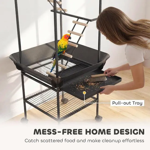 Alt view image 4 of 7 - PawHut 64" H Rolling Bird Stand Parrot Playstand with Seed Guard & Wheels | Steel Bird Playground Gym, Ladders, Swing, Toy Hook & Bowls, Large Parrot Perch for Cockatiels, Conures, Parakeets