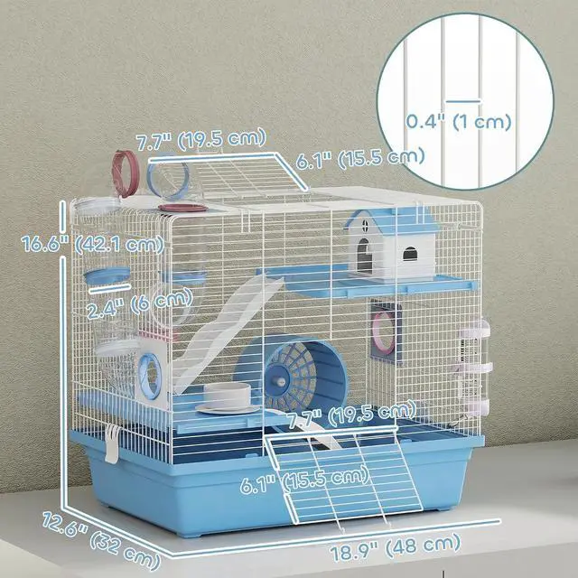 Alt view image 7 of 7 - PawHut Hamster Cage 3-Tier for Dwarf Hamster with Exercise Wheel Blue | Gerbil Cage, Food Bowl, Water Bottle, House, Tunnels, Ramps, Small Animal Habitat