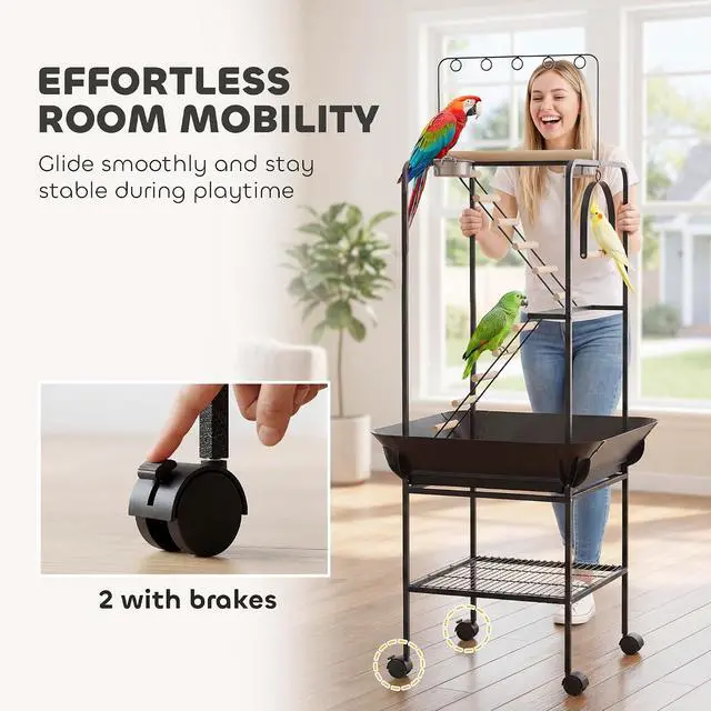 Alt view image 5 of 7 - PawHut 64" H Rolling Bird Stand Parrot Playstand with Seed Guard & Wheels | Steel Bird Playground Gym, Ladders, Swing, Toy Hook & Bowls, Large Parrot Perch for Cockatiels, Conures, Parakeets