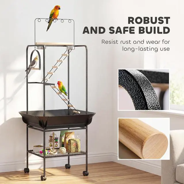 Alt view image 6 of 7 - PawHut 64" H Rolling Bird Stand Parrot Playstand with Seed Guard & Wheels | Steel Bird Playground Gym, Ladders, Swing, Toy Hook & Bowls, Large Parrot Perch for Cockatiels, Conures, Parakeets