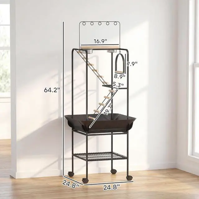 Alt view image 7 of 7 - PawHut 64" H Rolling Bird Stand Parrot Playstand with Seed Guard & Wheels | Steel Bird Playground Gym, Ladders, Swing, Toy Hook & Bowls, Large Parrot Perch for Cockatiels, Conures, Parakeets