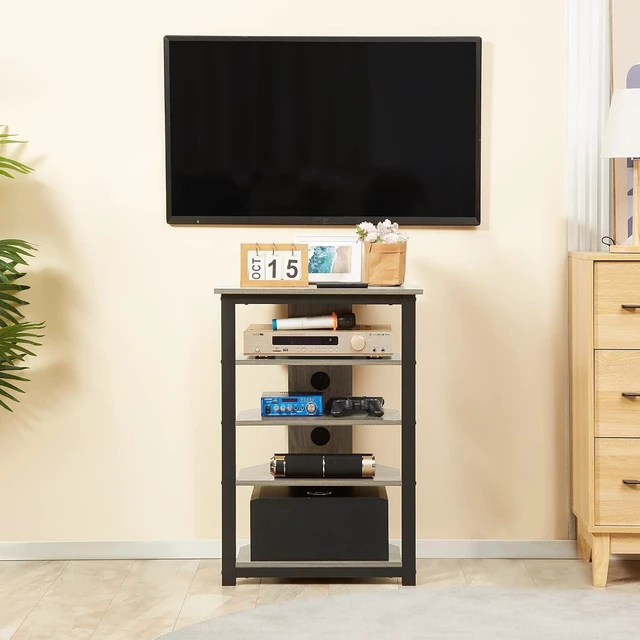 Alt view image 2 of 7 - Media Stand with 4-Tier Audio Rack, AV Media Corner Shelf, Gray | Cable Management, DVD Players, Game Console, TV Box, Cable Box, Xbox, WiFi Router