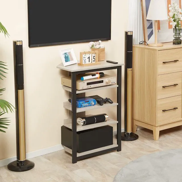 Alt view image 7 of 7 - Media Stand with 4-Tier Audio Rack, AV Media Corner Shelf, Gray | Cable Management, DVD Players, Game Console, TV Box, Cable Box, Xbox, WiFi Router