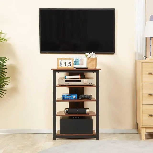 Alt view image 2 of 7 - Media Stand with 4-Tier Audio Rack, AV Media Corner Shelf, Brown | Cable Management, DVD Players, Game Console, TV Box, Cable Box, Xbox, WiFi Router