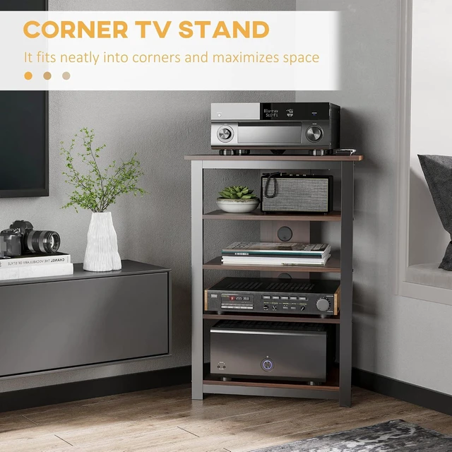 Alt view image 4 of 7 - Media Stand with 4-Tier Audio Rack, AV Media Corner Shelf, Brown | Cable Management, DVD Players, Game Console, TV Box, Cable Box, Xbox, WiFi Router