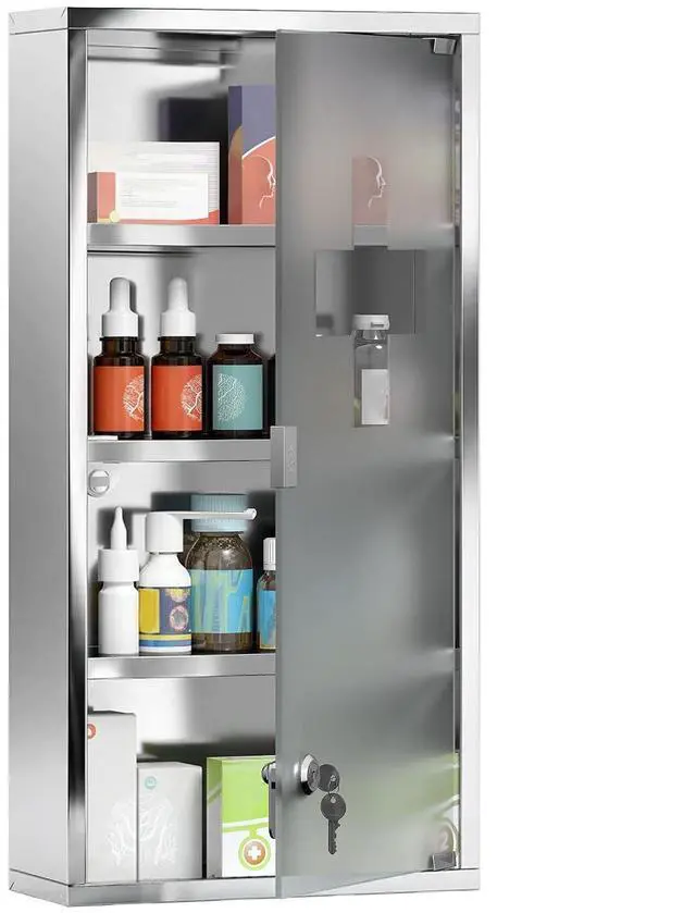 Main image of Wall Mounted Medicine Cabinet Lockable Wall Cabinet Silver 12" x 24" | 4 Tier Shelves, Stainless Steel Frame, Glass Door, 2 Keys
