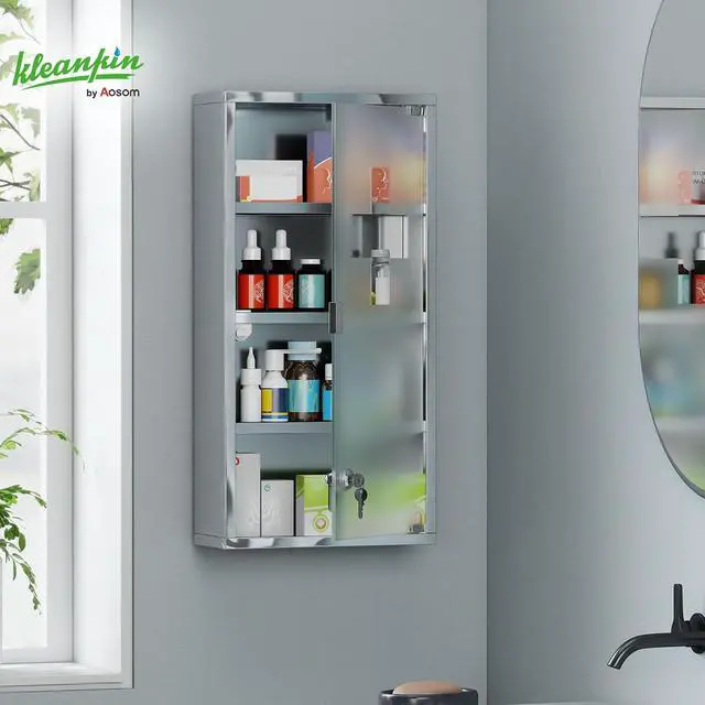 Alt view image 2 of 7 - Wall Mounted Medicine Cabinet Lockable Wall Cabinet Silver 12" x 24" | 4 Tier Shelves, Stainless Steel Frame, Glass Door, 2 Keys
