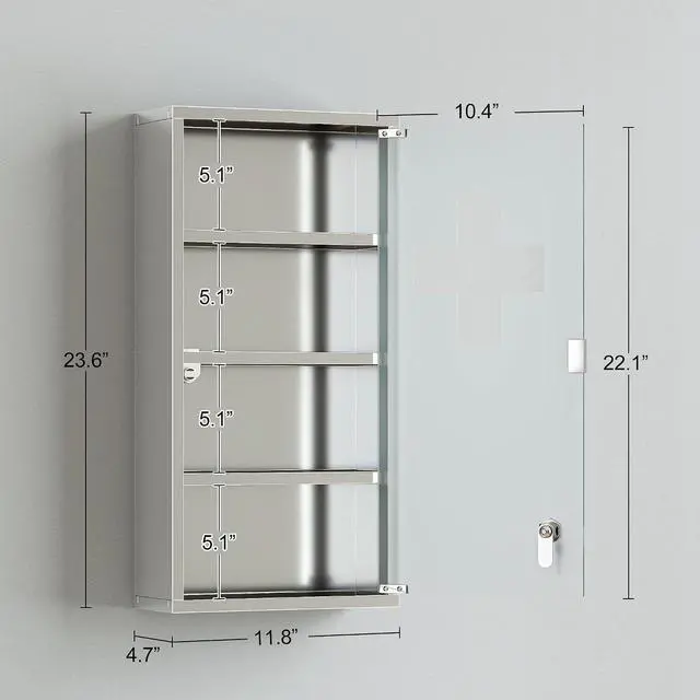 Alt view image 3 of 7 - Wall Mounted Medicine Cabinet Lockable Wall Cabinet Silver 12" x 24" | 4 Tier Shelves, Stainless Steel Frame, Glass Door, 2 Keys