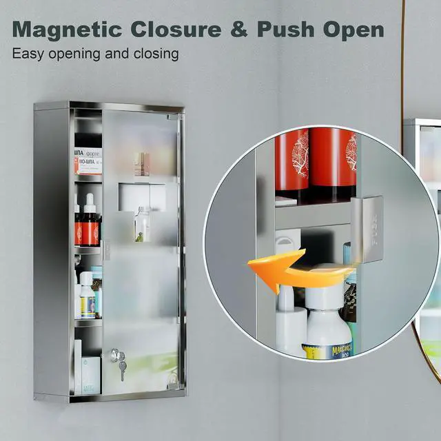 Alt view image 4 of 7 - Wall Mounted Medicine Cabinet Lockable Wall Cabinet Silver 12" x 24" | 4 Tier Shelves, Stainless Steel Frame, Glass Door, 2 Keys