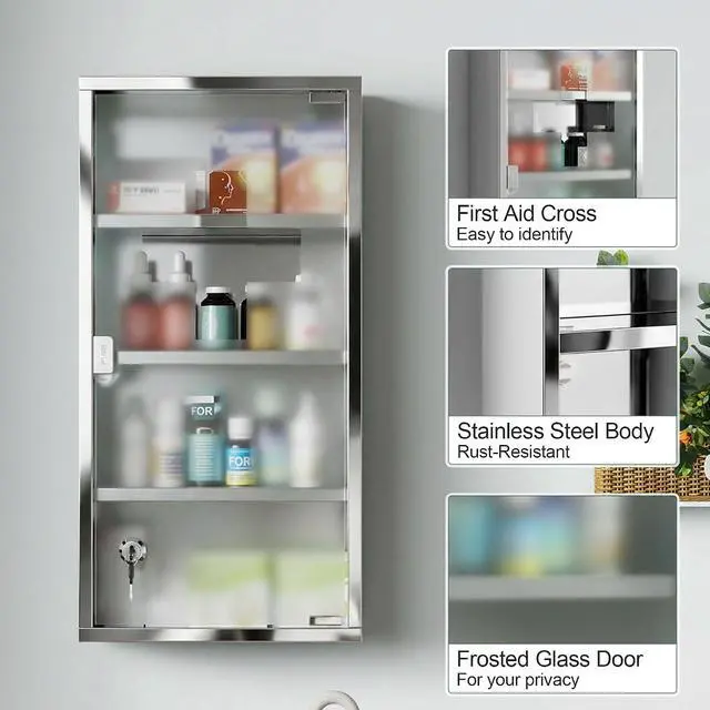 Alt view image 6 of 7 - Wall Mounted Medicine Cabinet Lockable Wall Cabinet Silver 12" x 24" | 4 Tier Shelves, Stainless Steel Frame, Glass Door, 2 Keys