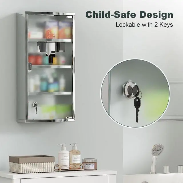 Alt view image 5 of 7 - Wall Mounted Medicine Cabinet Lockable Wall Cabinet Silver 12" x 24" | 4 Tier Shelves, Stainless Steel Frame, Glass Door, 2 Keys