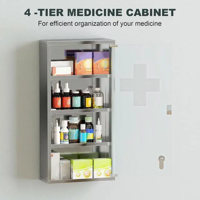 Alt view image 7 of 7 - Wall Mounted Medicine Cabinet Lockable Wall Cabinet Silver 12" x 24" | 4 Tier Shelves, Stainless Steel Frame, Glass Door, 2 Keys