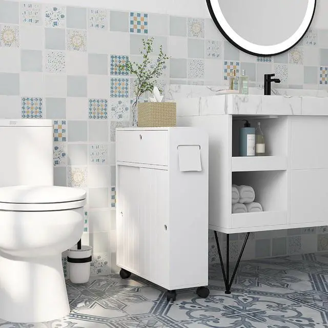 Alt view image 2 of 7 - kleankin Slim Bathroom Cabinet, Rolling Toilet Paper Cabinet, White | Small Bathroom Storage Unit, with 4 Wheels, Paper Holes, Sliding Doors, Adjustable Shelf, for Small Space
