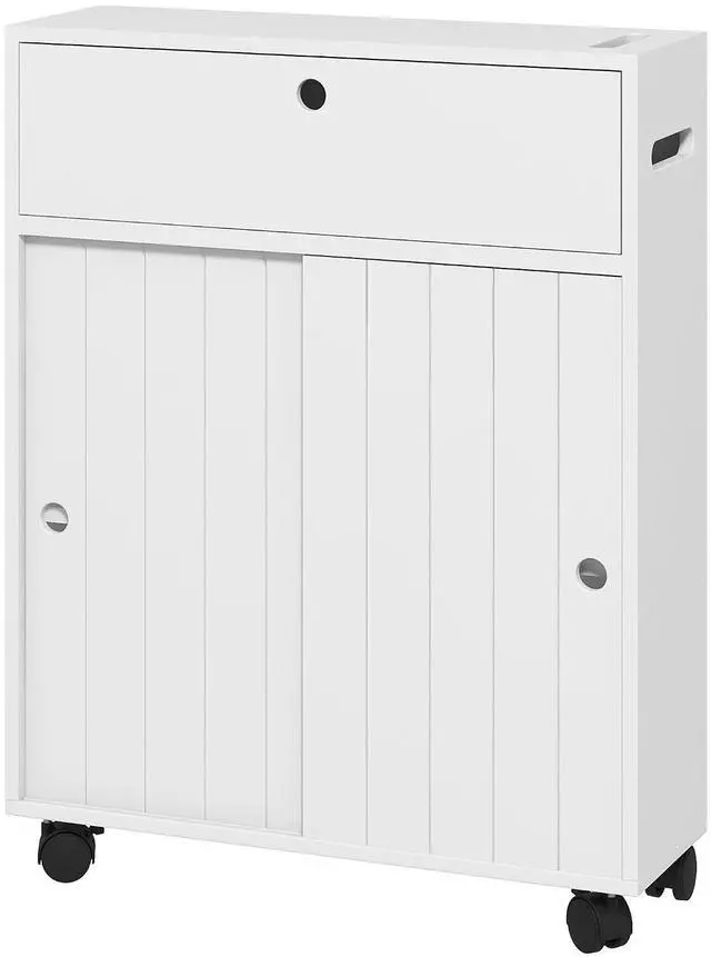 Main image of kleankin Slim Bathroom Cabinet, Rolling Toilet Paper Cabinet, White | Small Bathroom Storage Unit, with 4 Wheels, Paper Holes, Sliding Doors, Adjustable Shelf, for Small Space