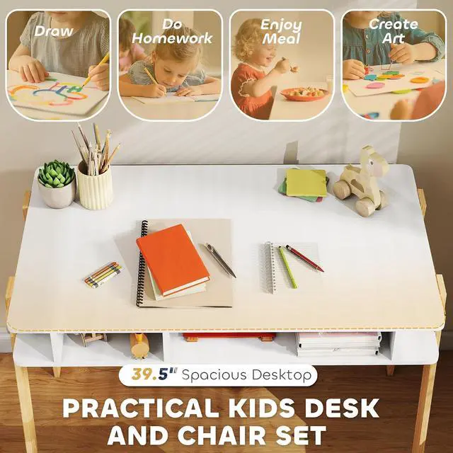 Alt view image 4 of 7 - Qaba Kids Desk and Chair Set, Small, Ages 3-12, Storage Compartment | Children Study Desk, Student Writing Table, Computer Workstation, Home Bedroom School Use