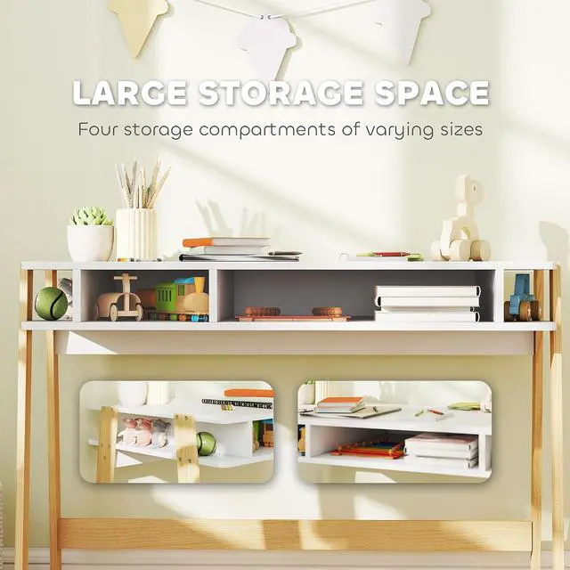 Alt view image 5 of 7 - Qaba Kids Desk and Chair Set, Small, Ages 3-12, Storage Compartment | Children Study Desk, Student Writing Table, Computer Workstation, Home Bedroom School Use