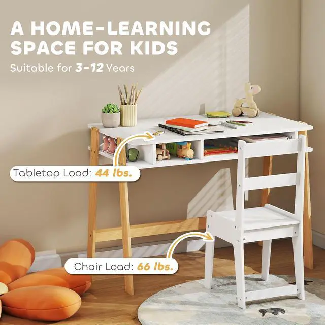 Alt view image 7 of 7 - Qaba Kids Desk and Chair Set, Small, Ages 3-12, Storage Compartment | Children Study Desk, Student Writing Table, Computer Workstation, Home Bedroom School Use