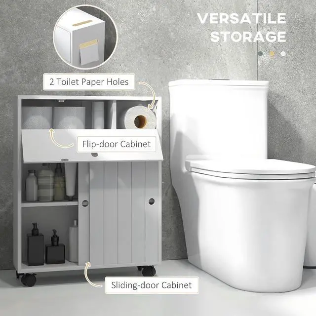 Alt view image 4 of 7 - kleankin Slim Bathroom Cabinet, Rolling Toilet Paper Cabinet, White | Small Bathroom Storage Unit, with 4 Wheels, Paper Holes, Sliding Doors, Adjustable Shelf, for Small Space