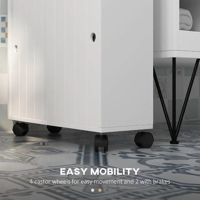 Alt view image 5 of 7 - kleankin Slim Bathroom Cabinet, Rolling Toilet Paper Cabinet, White | Small Bathroom Storage Unit, with 4 Wheels, Paper Holes, Sliding Doors, Adjustable Shelf, for Small Space