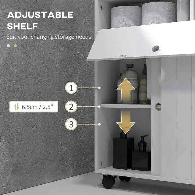 Alt view image 6 of 7 - kleankin Slim Bathroom Cabinet, Rolling Toilet Paper Cabinet, White | Small Bathroom Storage Unit, with 4 Wheels, Paper Holes, Sliding Doors, Adjustable Shelf, for Small Space