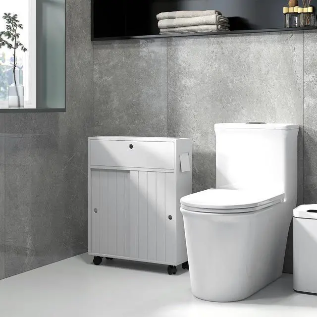 Alt view image 7 of 7 - kleankin Slim Bathroom Cabinet, Rolling Toilet Paper Cabinet, White | Small Bathroom Storage Unit, with 4 Wheels, Paper Holes, Sliding Doors, Adjustable Shelf, for Small Space