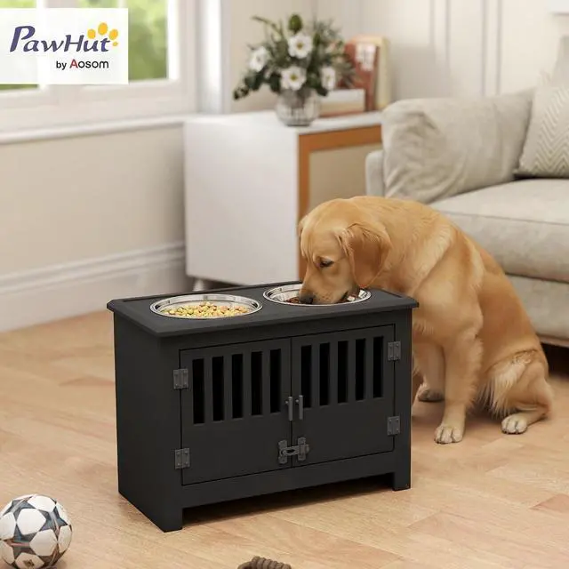 Alt view image 2 of 7 - PawHut Large Elevated Dog Bowls with Storage Cabinet - 37L Capacity, Raised Dog Bowl Stand Feeding Station, Black | Raised Dog Bowl Stand Pet Food Bowl Dog Feeding Station