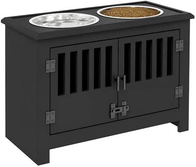 Main image of PawHut Large Elevated Dog Bowls with Storage Cabinet - 37L Capacity, Raised Dog Bowl Stand Feeding Station, Black | Raised Dog Bowl Stand Pet Food Bowl Dog Feeding Station